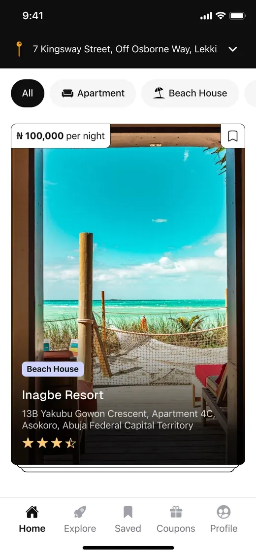 Alcazar mobile interface design showing a beach house listing