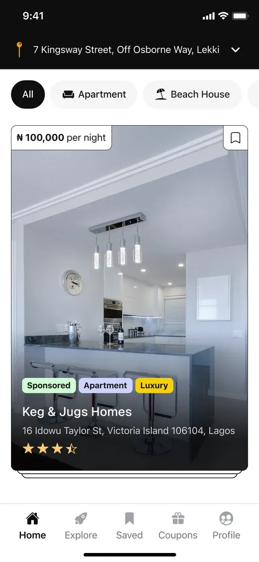 Alcazar mobile interface design showing an apartment listing with a nightly price and location