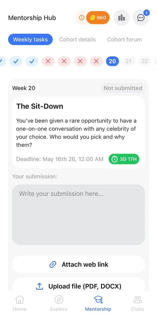 Hyve mentorship screen with weekly tasks and cohort activity