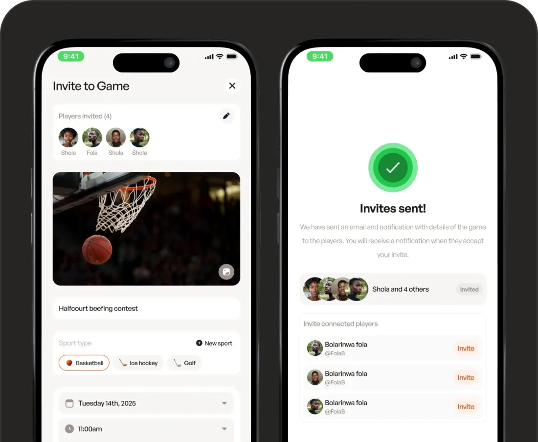 SportMe mobile mockups showing a game invitation and the invitation confirmation